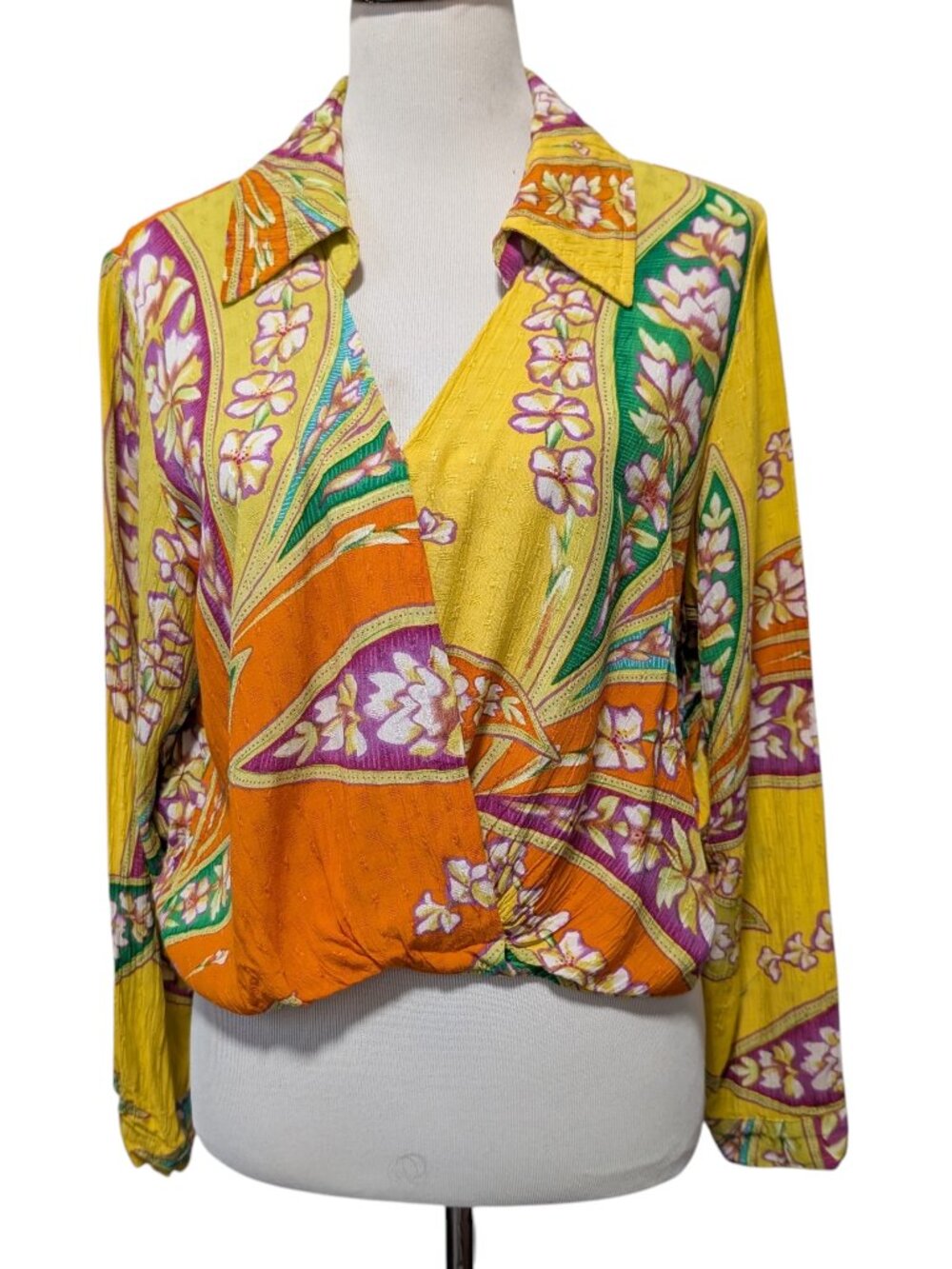 Haute Hippie Womens Size M Yellow Orange Paisley Floral Rayon Faux Wrap Boho Top